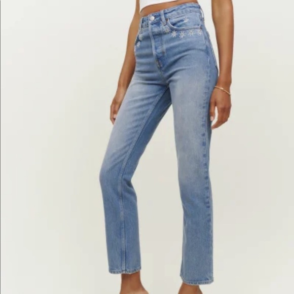 Reformation Cynthia High-Rise Straight Daisy Embroidered Jeans 29 NWT - Picture 2 of 12